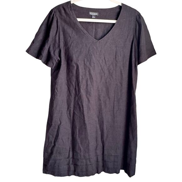 VTG Nicole Miller Short Sleeve V-Neck Linen Blend Black Shift Dress Sz L Y2K 90s - Picture 1 of 7